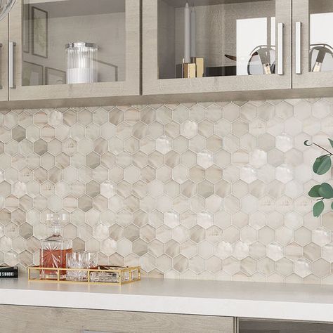 Modern Light Kitchen Backsplash, White Countertops Grey Backsplash, Opal Tile Backsplash, Oyster Backsplash Kitchen, Counter And Backsplash Combinations, New Backsplash Ideas, Pop Of Color Backsplash Kitchen, Coastal Kitchen Tile Backsplash, Transitional Kitchen Tile Backsplash