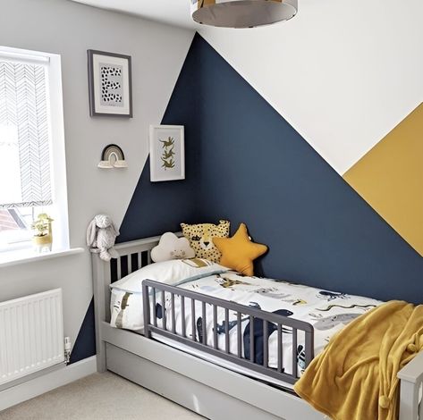 Split Room Paint Ideas, Boy Room Colors Paint, Blue Boys Bedroom Paint, Boys Yellow Bedroom, Wall Painting Ideas Bedroom Boys, Geometric Wall Paint Kids, Toddler Boy Room Paint Ideas, One Wall Painted Bedroom, Boys Room Wall Ideas