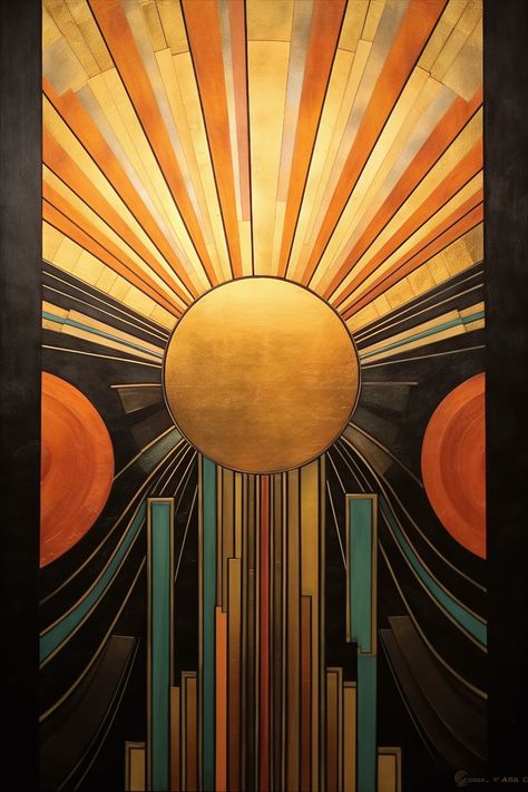 stunning art deco canvas features a captivating gold sunburst design with striking black and blue accents 1920s Bedroom Decor Art Deco, Art Deco Tatoos, Art Deco Diy Decorations, Art Deco Walls, Art Deco Design Inspiration, Sunburst Wallpaper, Art Deco Bedroom Decor, Art Deco Nature, Dark Art Deco