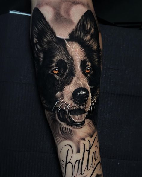 Pitbull Portrait Tattoo, Animal Portrait Tattoos, Jonah Tattoo, Dog Tattoo Portrait, Tattoo Designs Minimalist, Melon Collie, Collie Tattoo, Pet Portrait Tattoo, Border Collie Tattoo