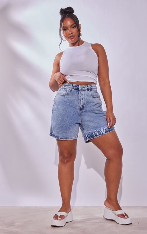 Plus Light Blue Wash Distressed Longline Denim Shorts Longline Denim Shorts, Long Jean Shorts Outfit, Long Denim Shorts Outfit, Platform Sandals Outfit, Plus Size Denim Shorts, Long Jean Shorts, Long Denim Shorts, Jean Short Outfits, Denim Shorts Outfit