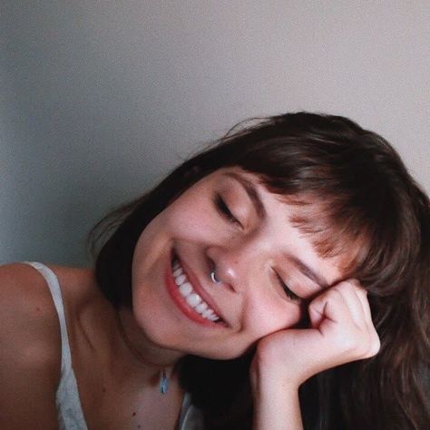 Banged Haircut, Thick Short Bangs, Big Smile Aesthetic, Brown Hair With Bangs And Layers, Micro Bangs Bob, Micro Bangs Round Face, Orr Piercing, Baby Bangs, Short Brown Hair