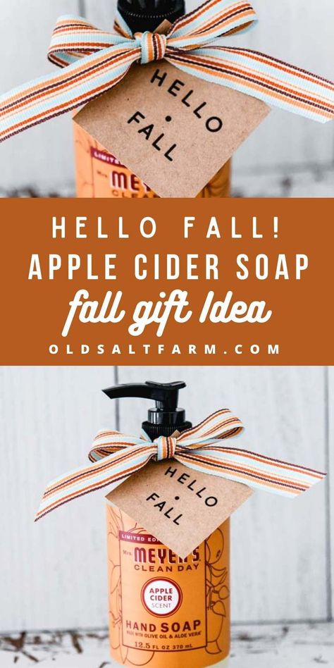 Say hello to fall with this darling apple cider hand soap fall gift idea and teacher gift. (Great for the first day of school teacher gift!) Super easy and adorable, perfect for fall giving! Perfect for neighbors, friends, coworkers, teachers, and more. Free fall printable gift tags included. September Secret Pal Gifts, September Gifts For Coworkers, Happy Fall Gift Ideas, October Teacher Gift Ideas, Fall Themed Thank You Gifts, Fall Ministering Ideas, Fall Gift Ideas For Teachers, Fall Marketing Gifts, October Gift Ideas