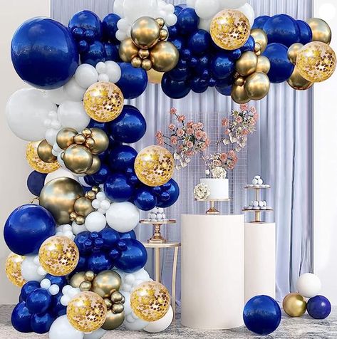 Celebrate with the regal touch of Royal Blue, Gold, and White Balloon Garland. Transform any space into a majestic wonderland and make your event a truly unforgettable experience. Let the enchantment unfold! 🎈👑💙 #affiliatelink Dark Blue And Gold Party, Ffa Banquet, Deco Ballon, Confetti Birthday Party, Prom Decor, White Confetti, Balloon Chain, Gold Confetti Balloons, Confetti Birthday