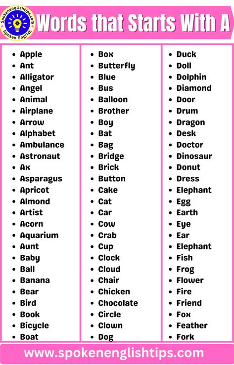 Are you looking for words that start with A? I am very glad to say that you’ve got and list of 700 words starting with A. Here is a complete list of A-letter words. As we know! In this era, it is very essential to be aware of words to improve English for Everyone. Especially ... Read more Things That Start With The Letter A, Things That Start With A, Words Starting With A, Postive Words, Balloon Door, Cow Eyes, Cat Egg, A Words, Father And Girl