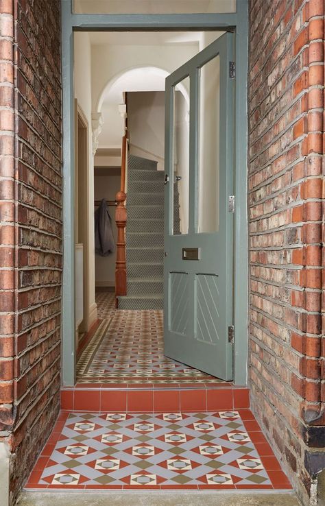 Same idea with slate to carry from outside through to the entry. Victorian Staircase, Minton Tiles, Tiled Flooring, Victorian Porch, Victorian Renovation, An Open Door, Victorian Floor, Tiled Floors, Victorian Townhouse