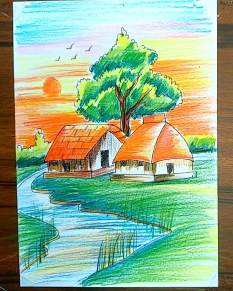 Village senary drawing for beginners Senary Drawing Sketch, Colourful Drawing Ideas Creative Easy, Pencil Color Drawing For Beginners, Senary Drawing, Color Pencil Art For Beginners, Drawing Village, Village Scenery Drawing, Scenery Drawing Pencil, Pencil Art For Beginners