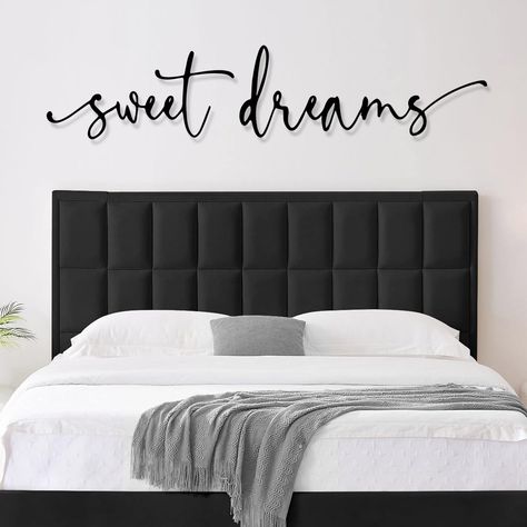 PRICES MAY VARY. Sweet Dreams Metal Wall Art: Not only does our handmade decor serve as a stunning visual element, but it also carries a deeper meaning. "Sweet Dreams" serves as a gentle reminder to prioritize self-care and relaxation in your daily routine. By displaying this master bedroom wall decor, you are creating a soothing atmosphere that encourages restful nights and rejuvenating sleep Good Performance: This bedtime dream sign adopt iron as material, which has no pungent smell, with smoo Black Focus Wall Bedroom, Over The Bed Signs Master Bedrooms, Black Gray And White Bedrooms, Modern Apartment Decor Bedroom, Above Nightstand Decor, Dark Headboard Bedroom Decor, Bedroom Quotes Above Bed, Dark Bedroom Ideas Cozy, Over The Bed Decor Ideas