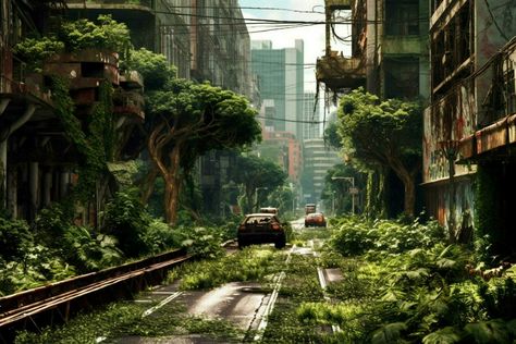 A post-apocalyptic city with overgrown vegetation Overgrown City Concept Art, Overgrown City Art, Post Post Apocalyptic, Over Grown City, Post Apocalyptic City Concept Art, Post Apocalyptic Background, Post Apocalyptic Aesthetic, Post Apocalyptic Landscape, Overgrown Aesthetic