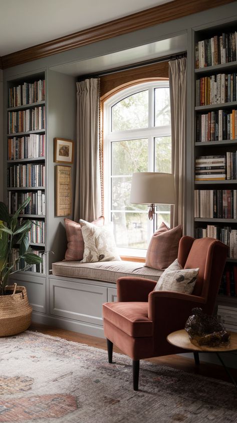 Design your own cozy book haven with these 15 DIY reading nook ideas. Whether you want a window seat, a hidden corner, or a loft-style reading space, these DIY projects offer creative ways to make a nook that suits your style. Window Seat Library Nook, Diy Window Reading Nook, Bookshelf With Window Seat, Home Library Sitting Room, Small Library Living Room, Cozy Library Nook, Reading Nook Corner Small Spaces, Window Seat With Desk, Reading Den Ideas