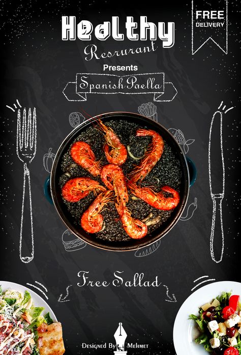 A Healthy restaurant presents Spanish Paella with free sallad #socialmedia #design #restaurant #spanish #food #healthy #designer #menu #inspire #inspiration #illustrator #photoshop Spanish Paella, Paella Valenciana, Spanish Restaurant, Healthy Restaurant, Design Restaurant, Spanish Food, Food Healthy, Menu Restaurant, Tandoori Chicken