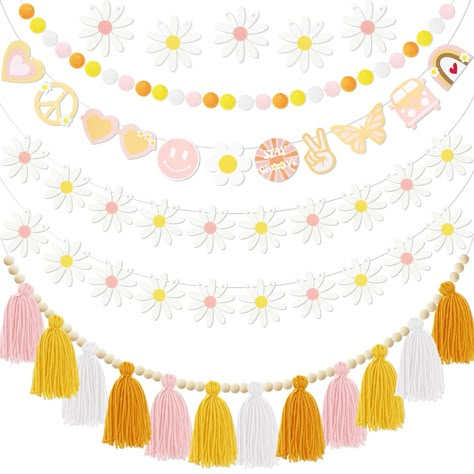 PRICES MAY VARY. Daisy Groovy Boho Party Decoration -- You will get 5 pieces daisy party decoration garland including 1 pom poms garland, 2 felt daisy garland, 1 felt retro hippie banner, 1 boho tassel garland with wood beads. Retro Room Decor -- Inspired by Rainbow, daisy, retro bus, butterfly, peace sign. Retro, classic, warm, pink, room decor. Materials -- Hippie groovy banner and daisy garlands are made of high-quality felt, lightweight and reusable. Natural cotton and wood Boho tassel garla Hippie Party Decorations, Tassel Garland Decor, Boho Tassel Garland, Felt Daisy, Flower Party Decorations, Groovy Birthday Party, Retro Room Decor, Rainbow Daisy, Boho Party Decorations