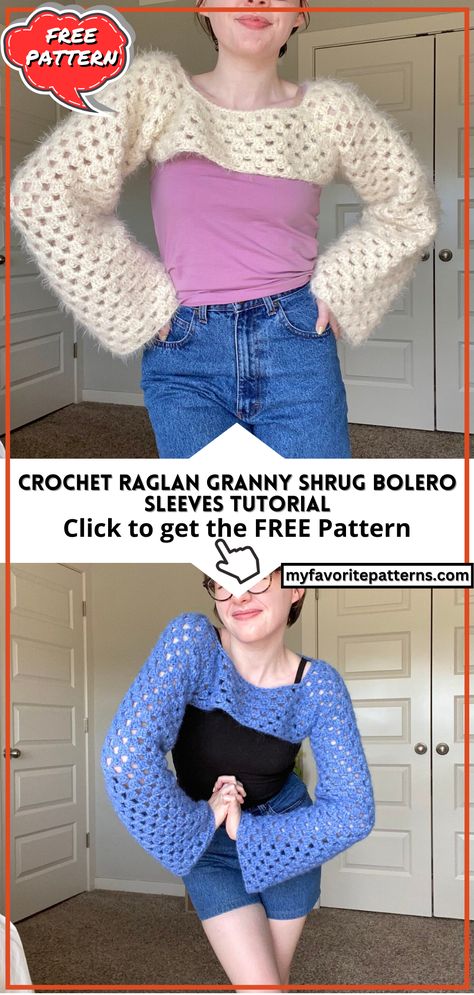 Crochet Raglan Granny Shrug Bolero Sleeves Tutorial Crochet Granny Shrug Pattern Free, Crochet Crop Shrug, Crochet Granny Shrug, Crochet Wearables Patterns, Crochet Sweater Easy Free, Crochet Shoulder Shrug Free Pattern, Crochet Shrug Sleeves Pattern Free, How To Crochet A Bolero, Crochet Mesh Shrug Pattern Free