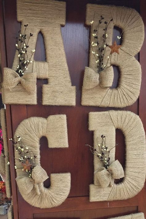 Diy Letter Ideas, Letter Decoration Ideas, Twine Decorations, Twine Crafts Diy, Twine Letters, Twine Diy, Twine Crafts, Cardboard Letters, Deco Champetre