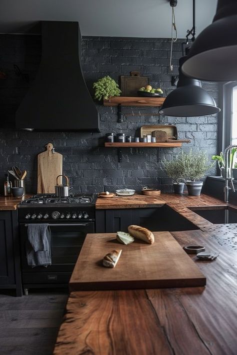 Are Dark Kitchen Cabinets Coming Back Into Style? Dark Industrial Kitchen, Dark Wooden Kitchen, Moody Kitchens, Kitchen Wallpaper Design, Moody House, Dark Kitchen Ideas, Moody Farmhouse, Dark Grey Kitchen Cabinets, Slate Kitchen