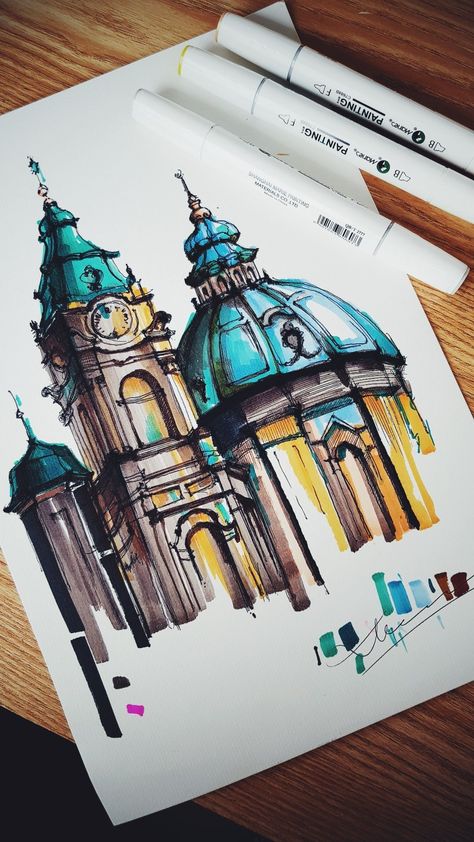 Alcohol Markers Architecture, Ohuhu Markers Art, Alcohol Marker Drawings, Alcohol Markers Art, Copic Marker Drawings, Art Markers Drawing, Markers Drawing Ideas, Architecture Drawing Sketchbooks, Pen Art Work