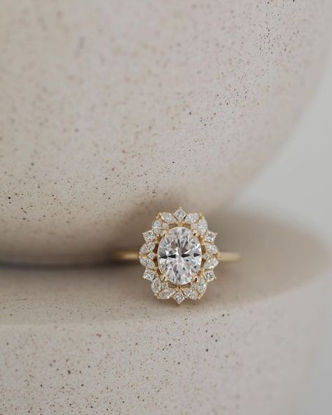 Image @oliveavejewelry Engagement Rings Olive Ave, Antique Vintage Engagement Rings, Oval Cut Halo Engagement Ring, Olive Ave Engagement Rings, Antique Oval Engagement Rings, Edwardian Engagement Ring Gold, Vintage Halo Engagement Rings, Oval Engagement Ring With Wedding Band, Oval Vintage Engagement Ring