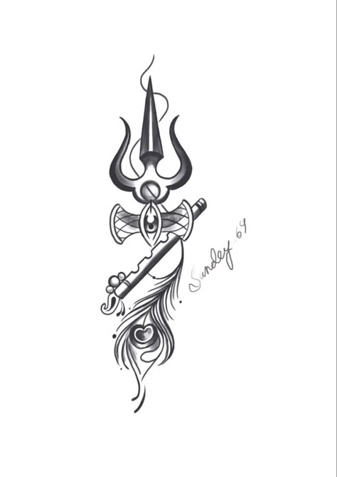 Trishul With Peacock Feather Tattoo, Trishul Flute Tattoo, Krishna And Shiva Together Tattoo, Hand Tattoo Ideas For Men Black, Shoolam Tattoo Design, Tattoo Ideas Shiva, Shiv And Krishna Together Tattoo, Krishna Shiva Tattoo, Krishan Ji Tattoo Design