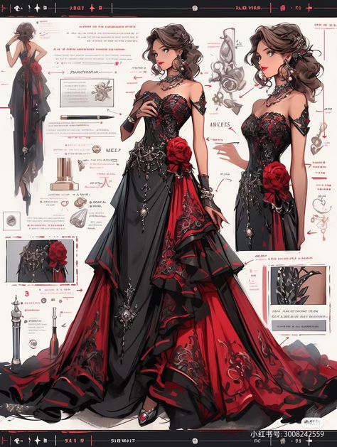 Red Fantasy Dress, Fantasy Dress Drawing, Fashion Artwork, Dark Dress, Fantasy Dresses, Fashion Drawing Dresses, Royal Dresses, Dress Design Sketches, Fashion Illustration Dresses