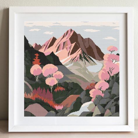 Landscape In Cross-Stitch Patterns (10 Pics) Alpha Patterns Landscape, Cross Stitch Scenery, Simple Cross Stitch Patterns, Cross Stitch Painting, Free Cross Stitch Patterns To Download Landscape, Landscape Cross Stitch Patterns, Cross Stitch Patterns Mountains, Stitch Painting, Pink Landscape