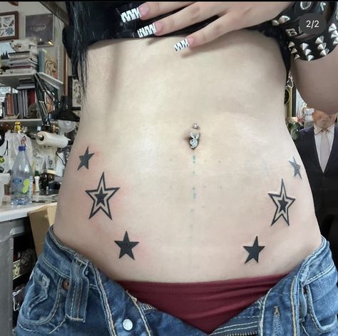 Lower Stomach Hip Tattoo, Star Tattoo Pelvis, Star Belly Tattoo, Stars Hip Tattoo, Star Stomach Tattoos, Low Stomach Tattoo, Pelvis Tattoos Women, Star Hip Tattoo, Midriff Tattoo