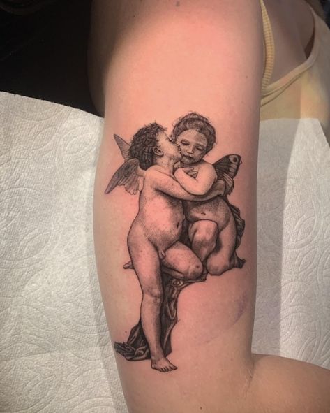 Cupid And Psyche Tattoo, Psyche Tattoo, Monet Tattoo, Poker Tattoo, Cupid Tattoo, Cherub Tattoo, Remembrance Tattoos, Cupid And Psyche, Angel Tattoo Designs