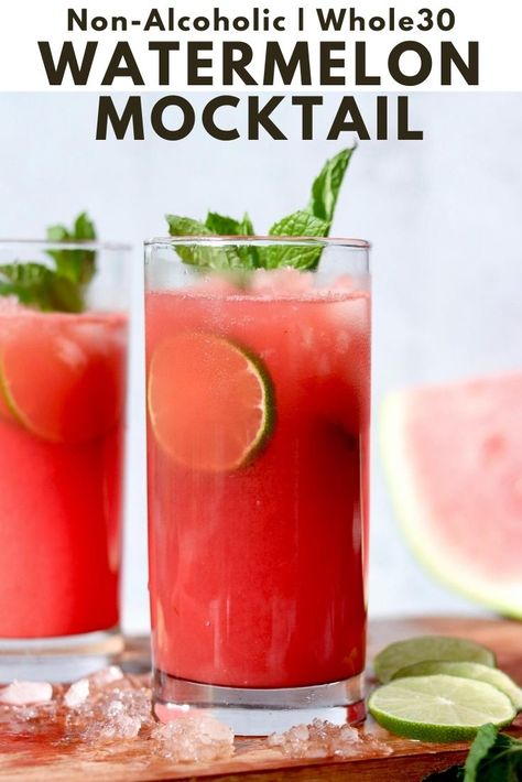 This easy Watermelon Mocktail is bubbly, sweet, super refreshing and perfect for summer! Best of all, it's non-alcoholic, refined sugar free, vegan, and Whole30 compliant, made with just four simple ingredients! #cookathomemom #whole30recipes #mocktail Mocktails Non Alcoholic Watermelon, Whole 30 Mocktail Recipes, Poppi Soda Mocktail, Alcohol Watermelon, Watermelon Mocktail Recipe, Drinks Virgin, Watermelon Mocktail, Greenhouse Bar, Mocktails Non Alcoholic