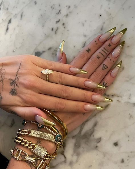 Gold French Tip Stiletto Nails, Chaun Legend Nails, Gold Chrome French Tip Nails, Gold French Nails, Nurse Nails, Gold Stiletto Nails, Gold Chrome Nails, Almond Acrylic, Beauty Vibes