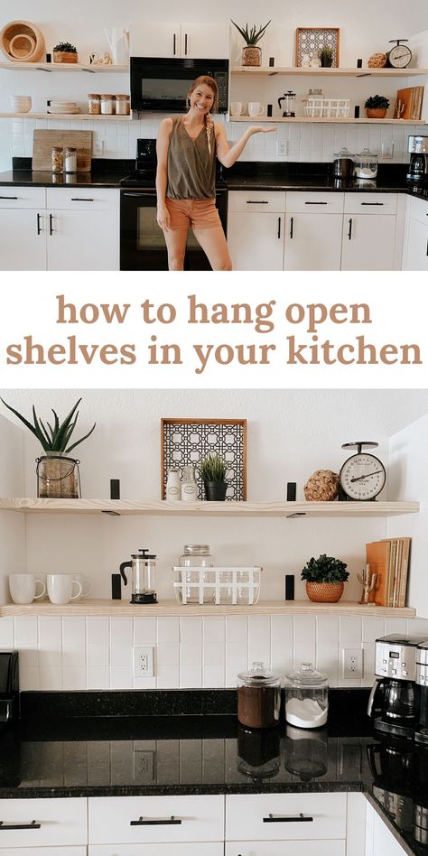 Diy Open Shelving Kitchen, Shelving In Kitchen, Diy Open Shelving, Kitchen With Open Shelving, Kitchen Open Shelves, Kitchen Shelf Decor, Diy Kitchen Renovation, Open Kitchen Shelves, Kitchen Redo