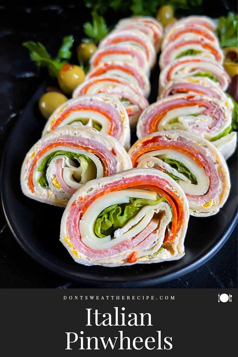 Pizza Pin Wheel Recipes, Italian Pinwheel Sandwiches, Italian Roll Ups Tortilla, Italian Pinwheel Appetizers, Italian Roll Ups, Italian Potluck Ideas, Salami Pinwheels, Pinwheel Appetizers Cream Cheese, Italian Pinwheels