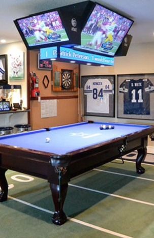 Game Room Pool Table Ideas, Attic Sports Room, Ufc Man Cave, Dallas Cowboys Rug, Diy Jumbotron, Sports Room Ideas Man Caves, Marvel Game Room, Garage Pool Table Room, Small Man Cave Ideas On A Budget