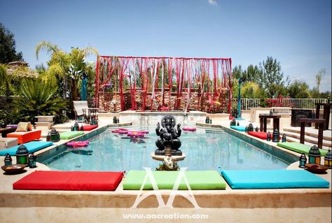 poolside wedding decorations | Arshians...all of U are welcome to attend Shagun...the grandest Shagun ... Los Angeles, Angeles, Poolside Sangeet Decor, Moroccan Wedding Decor, Pool Wedding Decorations, Haldi Decoration Ideas, Haldi Ceremony Decorations, Wedding Pool Party, Poolside Decor