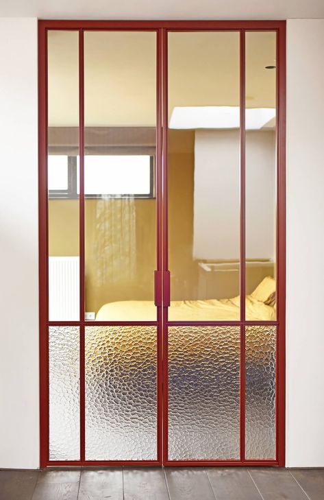 Glass Wall Entrance, Glass Steel Door, Glass Door In Kitchen, Door Frame Ideas, Glass Doors Bedroom, Glass Door Bedroom, Interior Door With Glass, Glass Door Interior, Steel Glass Doors