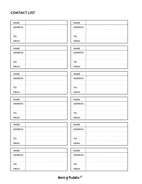 Contact List Templates - 12 Of The Best Styles - World of Printables Address Book Template, Emergency Contact List, Number Forms, World Of Printables, Sign Up Sheets, Number Templates, Family Tree Template, Small Business Planner, Contact List