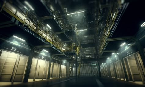 Prison Design, Sci Fi Prison Concept Art, Alien Spaceship Interior Concept Art, Sci Fi Prison Cell, Sci Fi Prison, Sci Fi Prison Map, Alien Isolation Interior, Jail Cell, Prison Cell