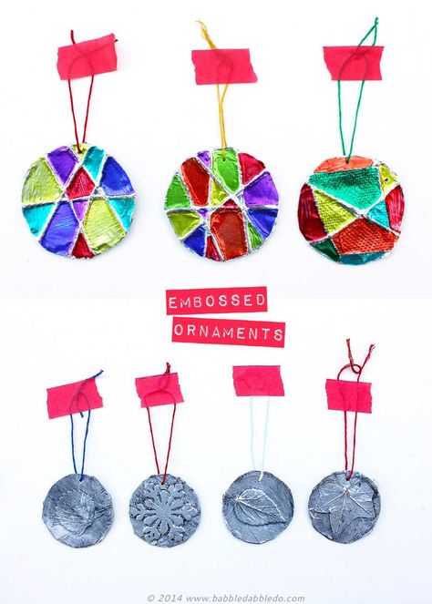 Homemade Christmas Ornaments | 5-Minute Embossed Ornaments - Babble Dabble Do Aluminum Foil Crafts, Babble Dabble Do, Homemade Christmas Ornaments, Yarns Ornaments, Kids Christmas Ornaments, Homemade Ornaments, Project For Kids, Leaf Crafts, Christmas Ornaments Homemade