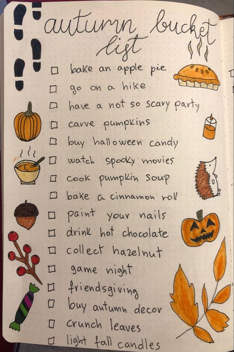 White Board Ideas Drawings Fall, Autumn Bucket List Journal, Autumn Aesthetic Journal, Cute Fall Things To Draw, Fall Journaling Ideas, September Dot Journal Ideas, Fall Notebook Ideas, Autumn Things To Draw, Fall Cute Drawings