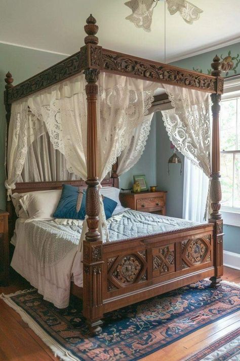 House Theater, Four Poster Bed Frame, Wooden Canopy Bed, Dramatic Bedroom, Bedroom 2023, Wood Canopy Bed, Canopy Bed Diy, Sofa Design Wood, Canopy Bed Frame