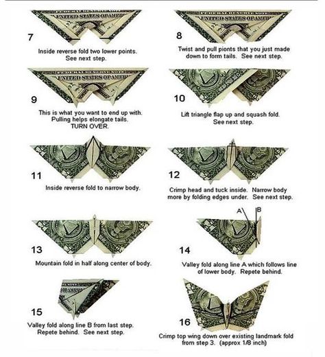 Butterfly Money, Origami Butterfly Instructions, Easy Money Origami, Money Origami Tutorial, Origami Insects, Money Folding, Folded Money, Origami Money, Dollar Origami