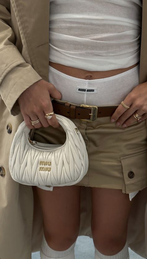 Luxury Classic Miu Miu Bags, Luxury Miu Miu Bags For Everyday Use, Elegant Luxury Miu Miu Shoulder Bag, Miu Miu White Bag, Luxury Beige Miu Miu Bag, Miu Miu Bag, Bag Luxury, Beige Bag, Bags Aesthetic