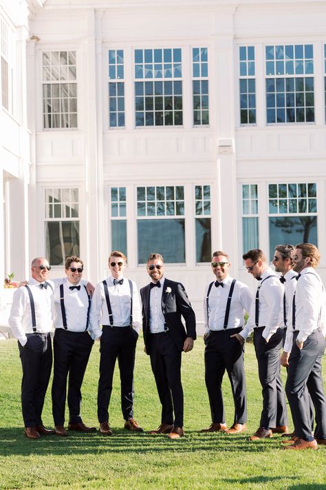 Groomsmen Black Pants White Shirt Suspenders, Black Outfit Groomsmen, Black Tux Suspenders Wedding, Black Tux With Suspenders, Groomsmen Attire Black Suspenders, Black White Groomsmen Attire, Black Bow Tie Groomsmen, White And Black Groomsmen Attire, Black Bowtie Groomsmen