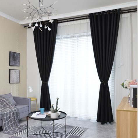 Black Curtains Living Room, Black Curtains Bedroom, White Curtains Living Room, Black White Curtains, White Curtains Bedroom, Curtains Living Room Modern, Black And White Living Room, Plain Curtains, Living Room Curtains