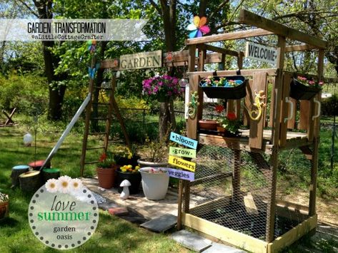 old swing set turned garden, diy, gardening, raised garden beds, repurposing upcycling, woodworking projects Patio Renovation, Christmas Lamp Post, Backyard Playset, Allium Flowers, Garden Frogs, Modern Plant Stand, Garden Basket, Christmas Lamp, Garden Swing