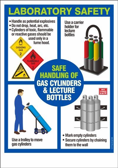 Safe Handling of Gas Cylinders & Lecture Bottles Laboratory Safety Poster, Gas Cylinder Storage Ideas, Cylinder Storage Ideas, Workplace Safety Slogans, Lab Safety Poster, Fire Safety Poster, Lab Safety Rules, Workplace Safety Tips, Hazard Identification