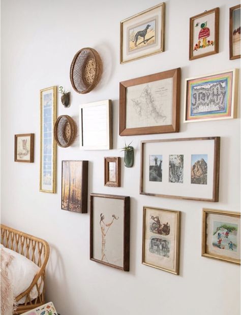 Small Hallway Wall Art, Gallery Wall Eclectic Modern, Mid Century Boho Gallery Wall, Mixed Match Picture Frame Wall, Mixed Photo Wall, Collage Wall Master Bedrooms, Photo Frame Ideas For Wall Decoration, Friends And Family Gallery Wall, Photo And Painting Gallery Wall