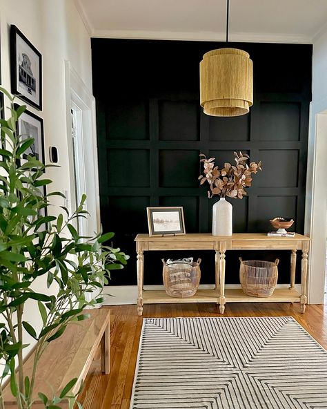 Black, White & Wood 🖤 It was so fun renovating this house (it was a big renovation! It’s a historic home and took us a year to complete!) and designing was extra fun - it was so different than what we had done in the past. Here we did a black, white, and wood tones throughout with a modern organic, neutral yet bold style! I loved this so much after we finished this home that I started incorporating bold pops at my primary home! This is our second home that we visit often. It’s close to m... Black And White Decor With Wood Accents, Black White And Wood Color Scheme, Black Hallway, House Redo, Black Kitchen Island, Second Home, Modern Organic, Wood Tones, Black And White Decor