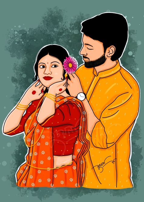 Digital illustration By Suchayana (Don't copy or steal) Bengali Couple Illustration Drawing, Bengali Illustration, Bengali Couple, Marriage Video, Kali Picture, Bottle Art Projects, Fabric Paint Shirt, Hindi Calligraphy, Shower Pics