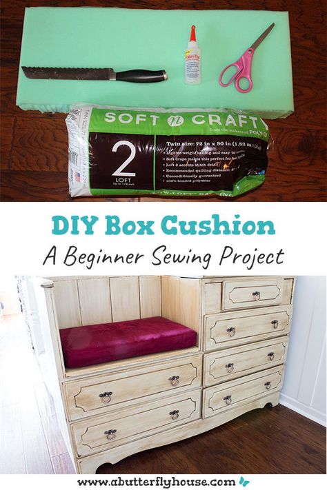 Sew a custom sized box cushion for any room with this beginner tutorial! #Sewing #Crafts Cushion Diy, Antique Furniture Restoration, Diy Furniture Flip, Easy Pillows, Tutorial Sewing, Easy Diy Decor, Upholstery Diy, Top Diy, Butterfly House