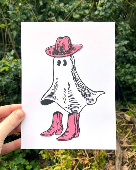 Ghost In A Cowboy Hat, Ghost With Cowboy Boots, Ghost Wall Art, Ghost Linocut, Cowboy Ghost Tattoo, Bestie Apartment, Ghost With Cowboy Hat, Cowboy Boots Illustration, Cowboy Boots Art