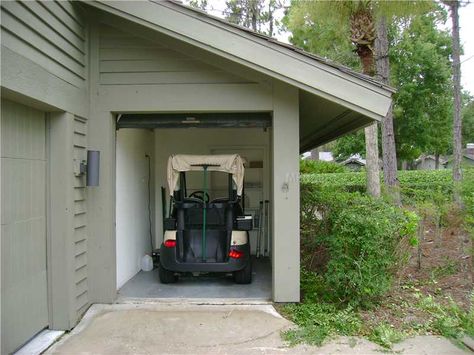 Golf cart garage with shed roof Small Garage Door, Golf Cart Garage, Golf Cart Storage, Lawn Mower Storage, Garage Addition, Small Garage, Shed Doors, Garage Shed, Shed Roof